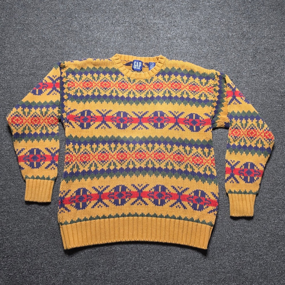 Vintage Gap Sweater Fair Isle Multi Color Mens Medium Cotton Crewneck Knit Y2K